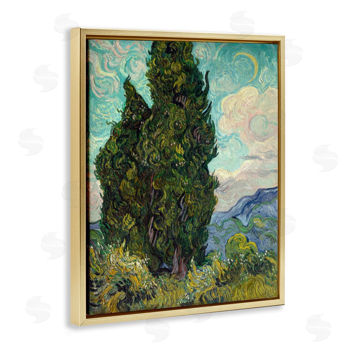 one1000paintings Van Gogh Cypress Landscape Gold Floating Frame Canvas Wall Art Print