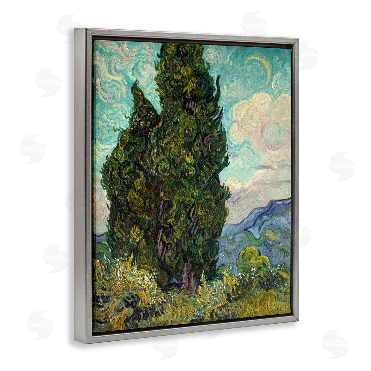 one1000paintings Van Gogh Cypress Landscape Gray Floating Frame Canvas Wall Art Print