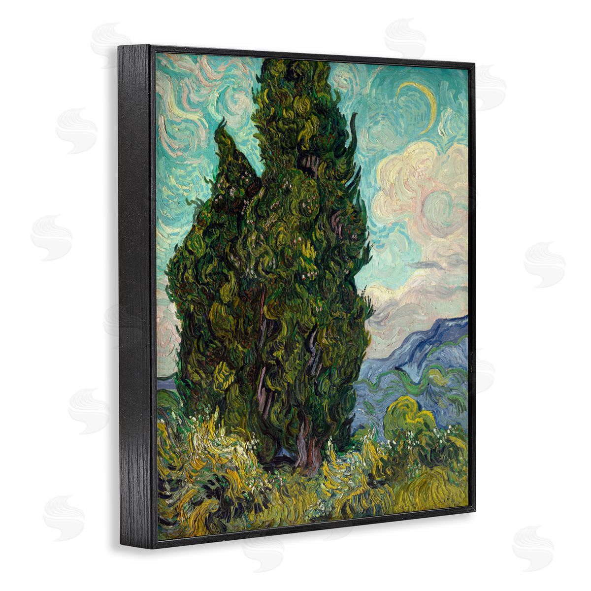 one1000paintings Van Gogh Cypress Landscape Black Framed Giclee Wall Art Print