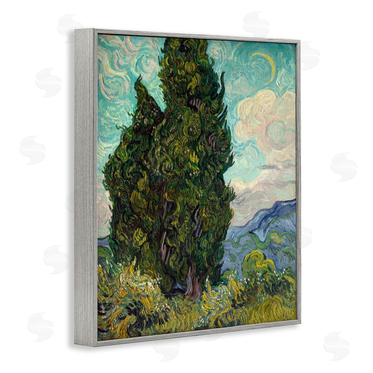 one1000paintings Van Gogh Cypress Landscape Gray Framed Giclee Wall Art Print