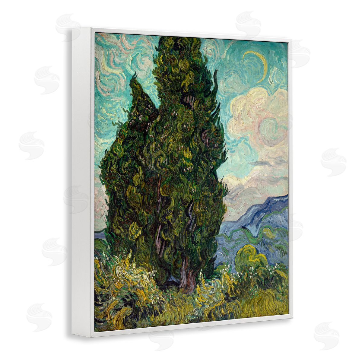one1000paintings Van Gogh Cypress Landscape White Framed Giclee Wall Art Print