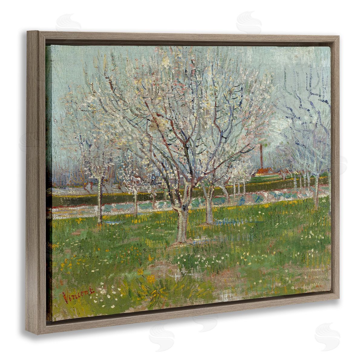 one1000paintings Van Gogh Orchard in Blossom Brown Floating Frame Canvas Wall Art Print