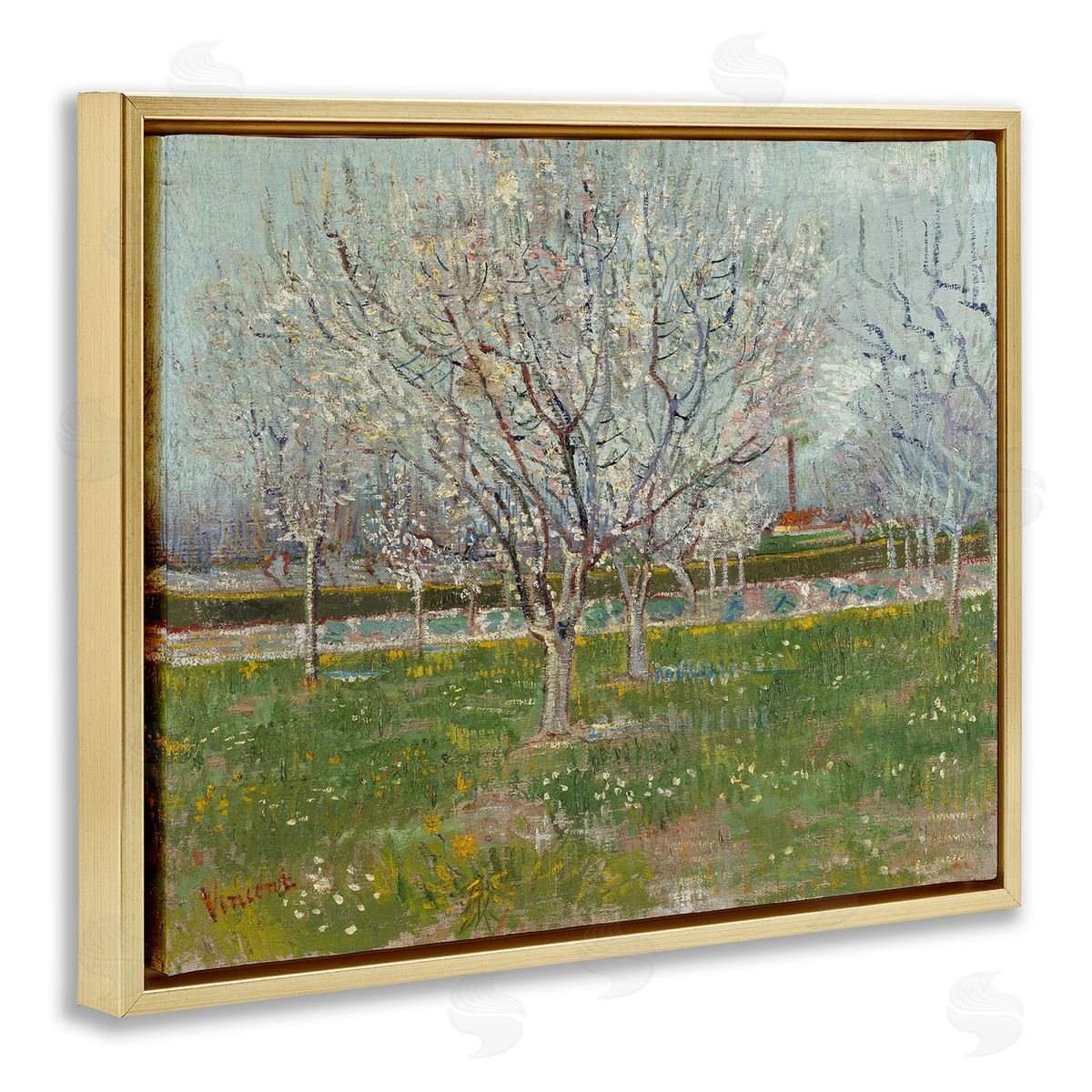 one1000paintings Van Gogh Orchard in Blossom Gold Floating Frame Canvas Wall Art Print