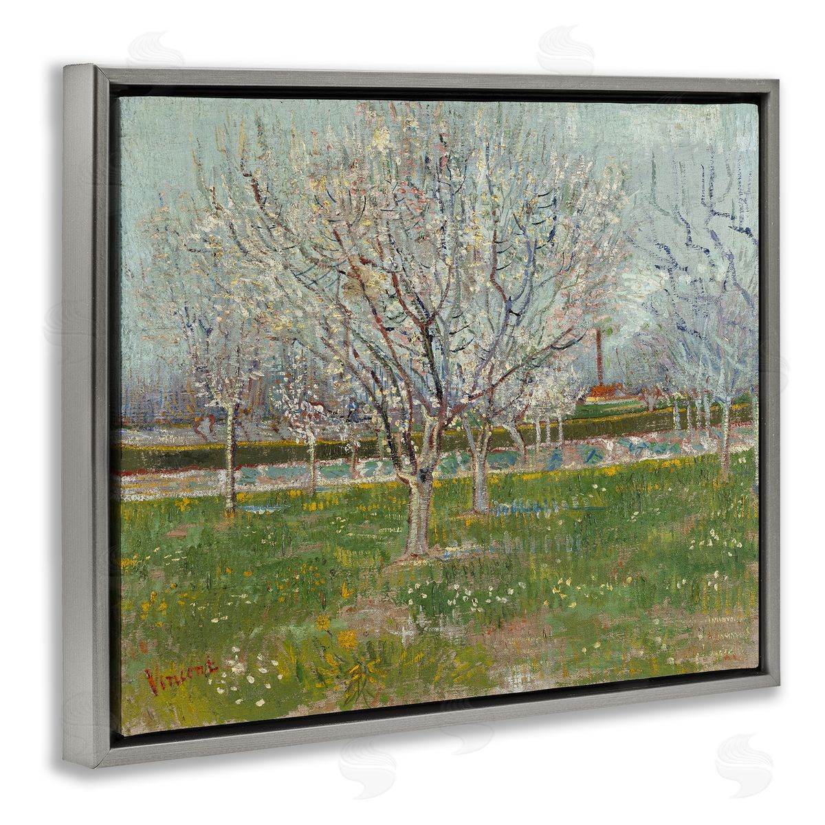 one1000paintings Van Gogh Orchard in Blossom Gray Floating Frame Canvas Wall Art Print