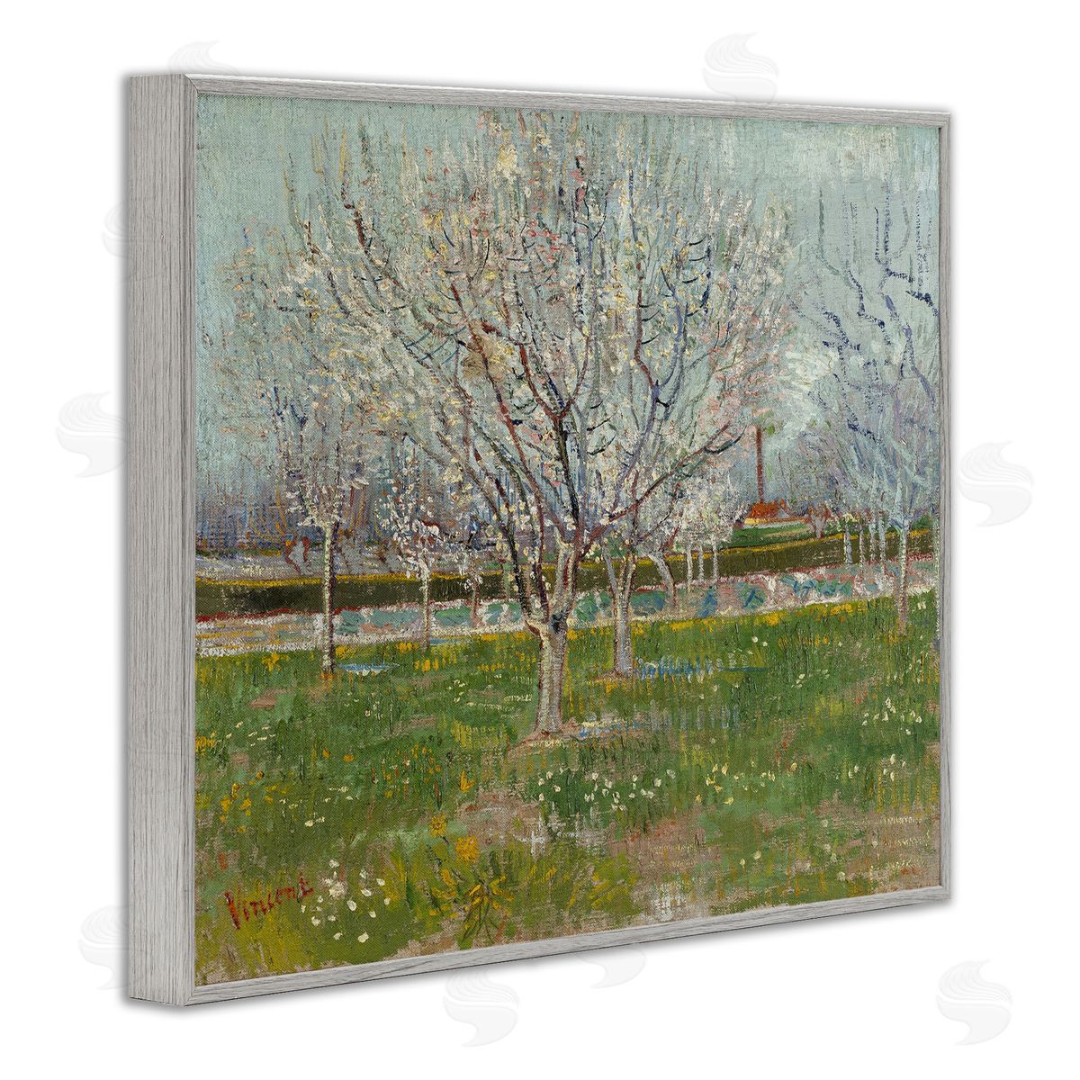 one1000paintings Van Gogh Orchard in Blossom Gray Framed Giclee Wall Art Print