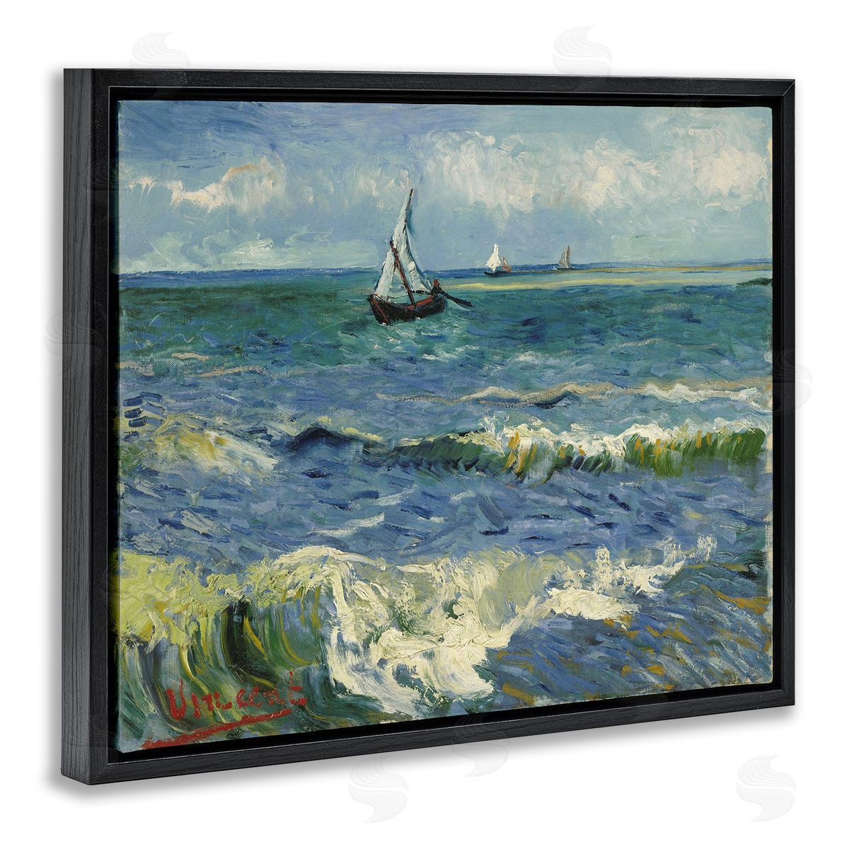 one1000paintings Classical Seascape with Boat Black Floating Frame Canvas Wall Art Print