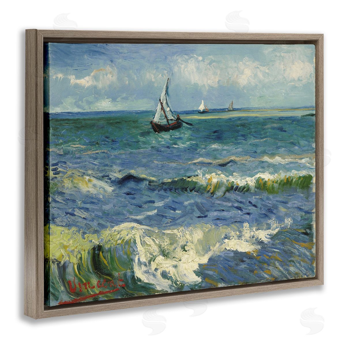 one1000paintings Classical Seascape with Boat Brown Floating Frame Canvas Wall Art Print