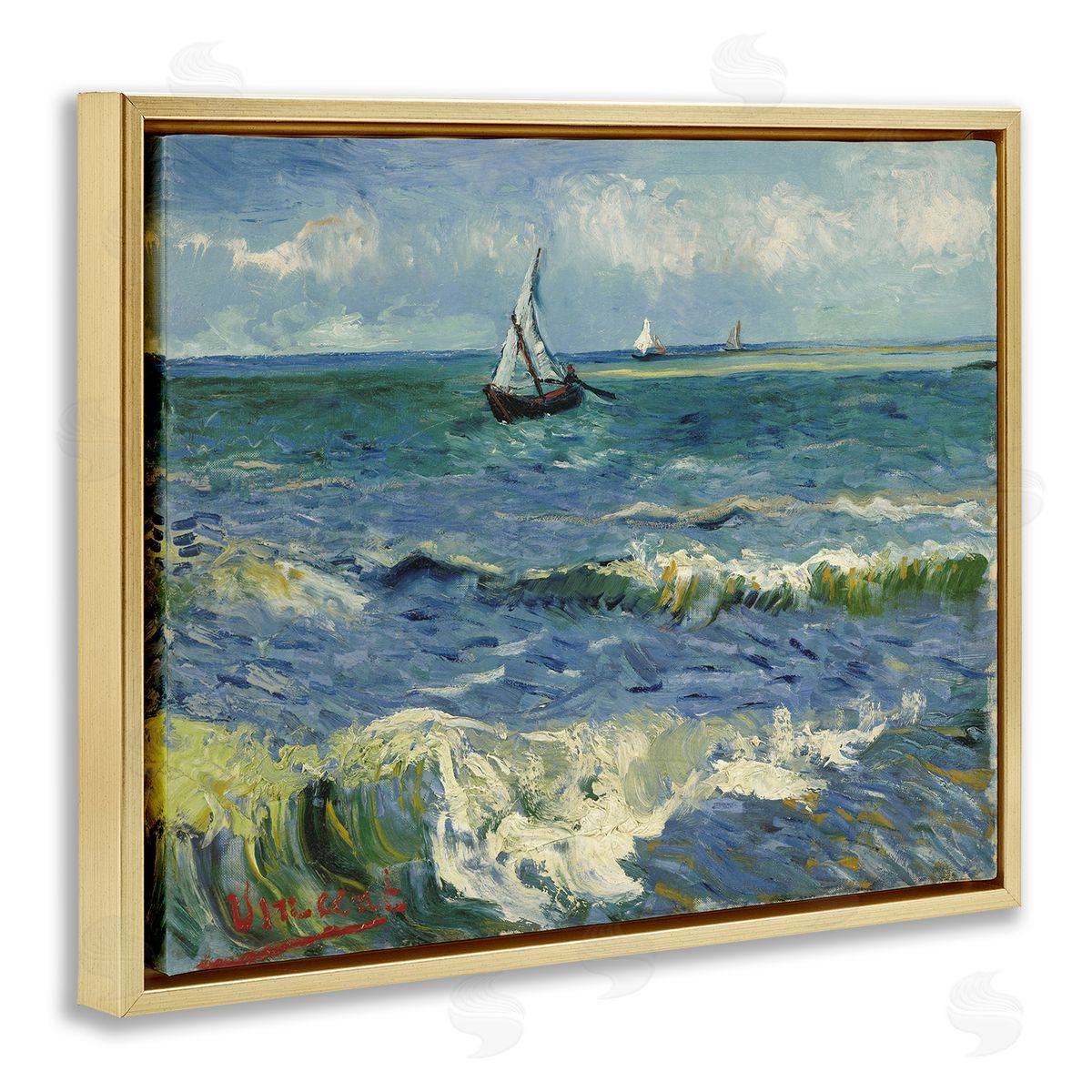 one1000paintings Classical Seascape with Boat Gold Floating Frame Canvas Wall Art Print