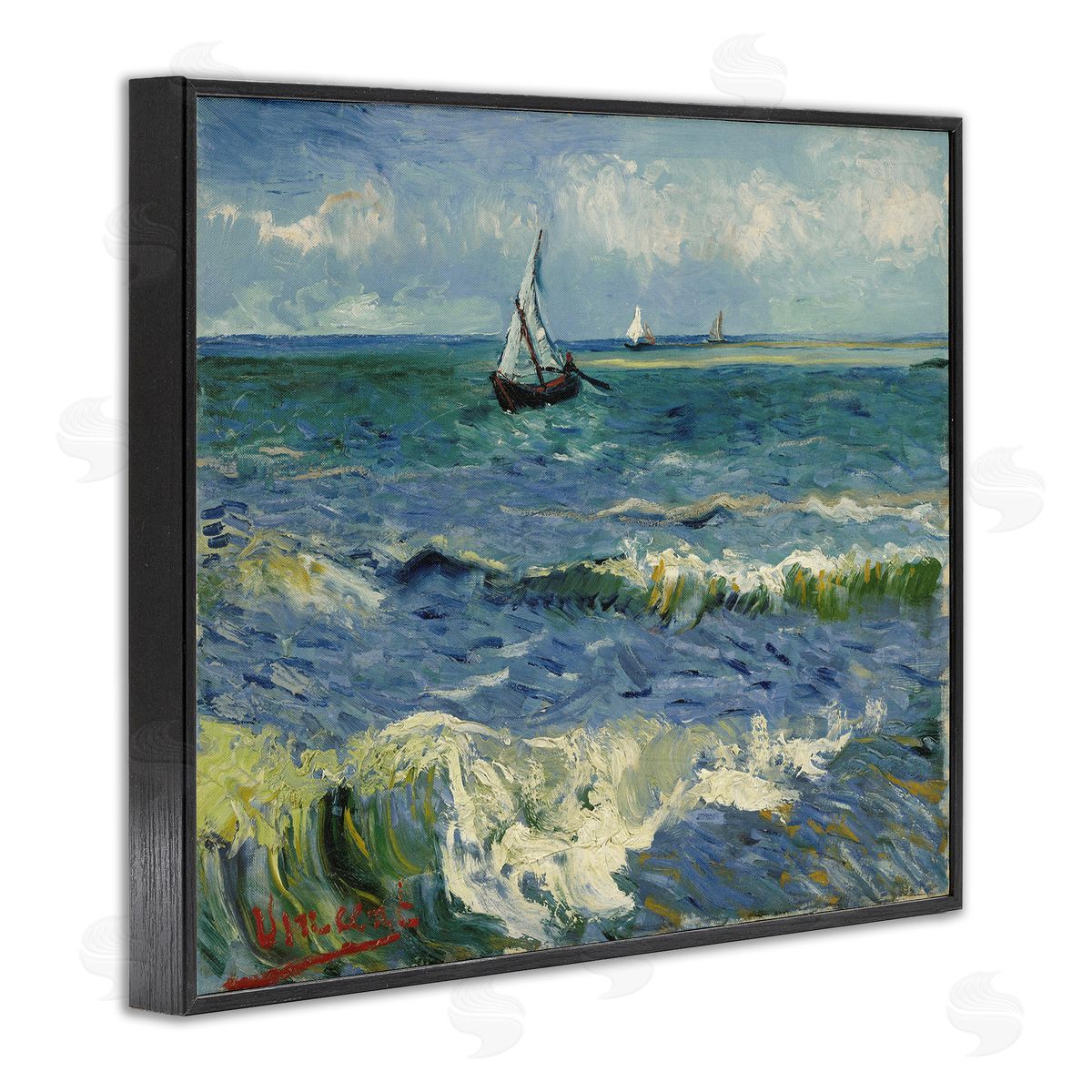 one1000paintings Classical Seascape with Boat Black Framed Giclee Wall Art Print