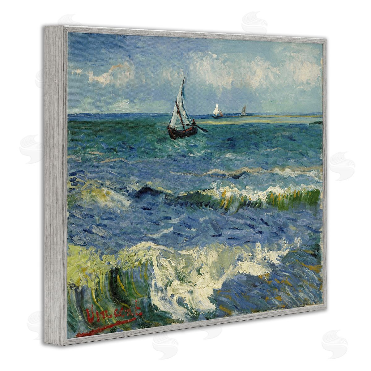 one1000paintings Classical Seascape with Boat Gray Framed Giclee Wall Art Print