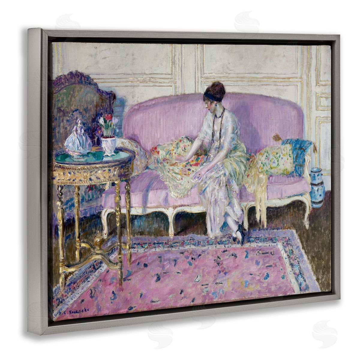 one1000paintings Classical Woman on Sofa Gray Floating Frame Canvas Wall Art Print