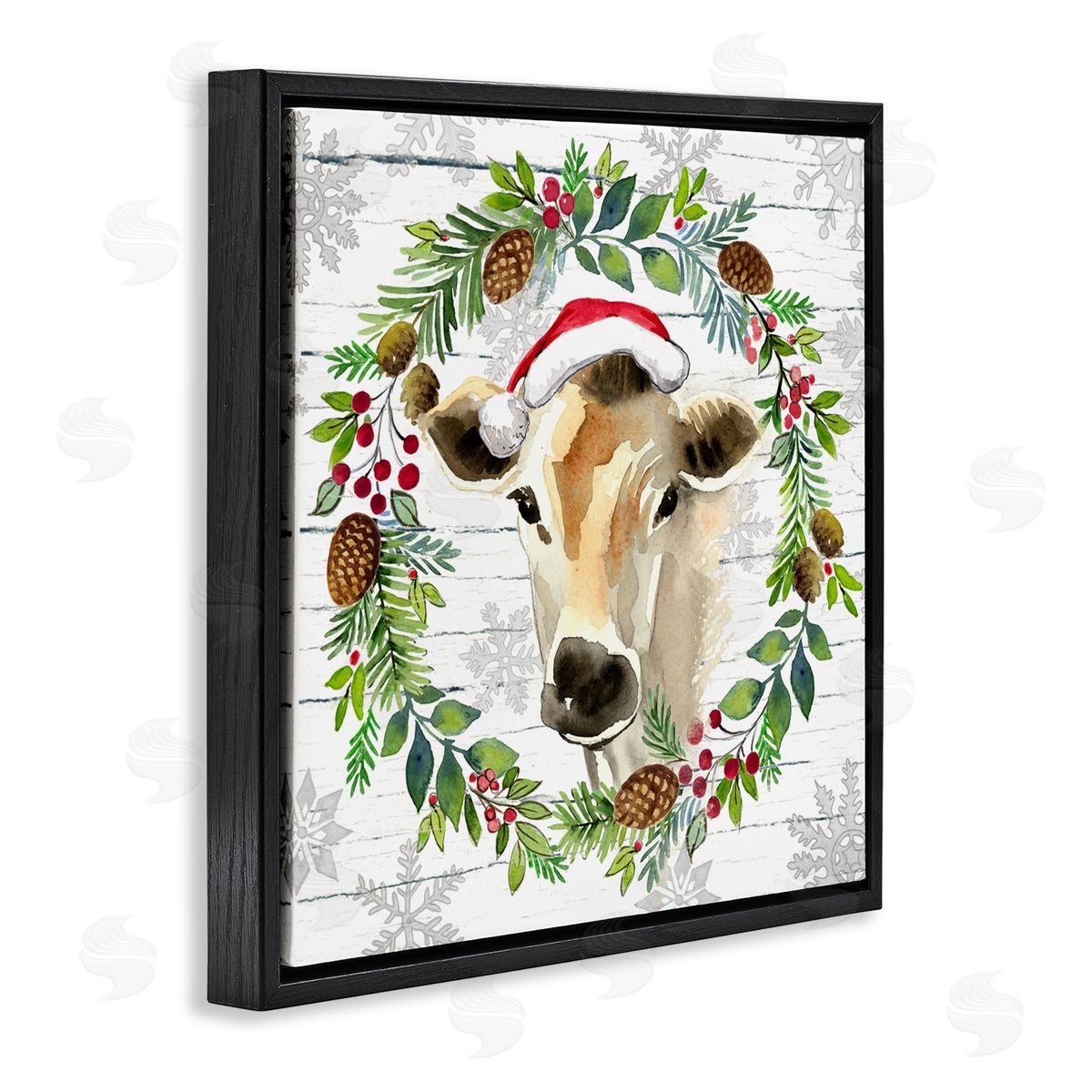 Elena Vladykina Winter Farmhouse Cow Wreath Black Floating Frame Canvas Wall Art Print