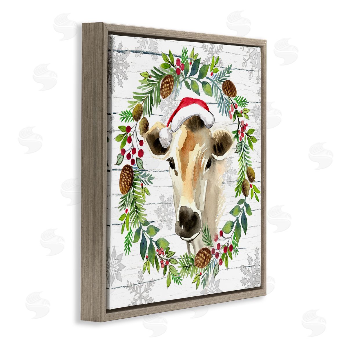 Elena Vladykina Winter Farmhouse Cow Wreath Brown Floating Frame Canvas Wall Art Print