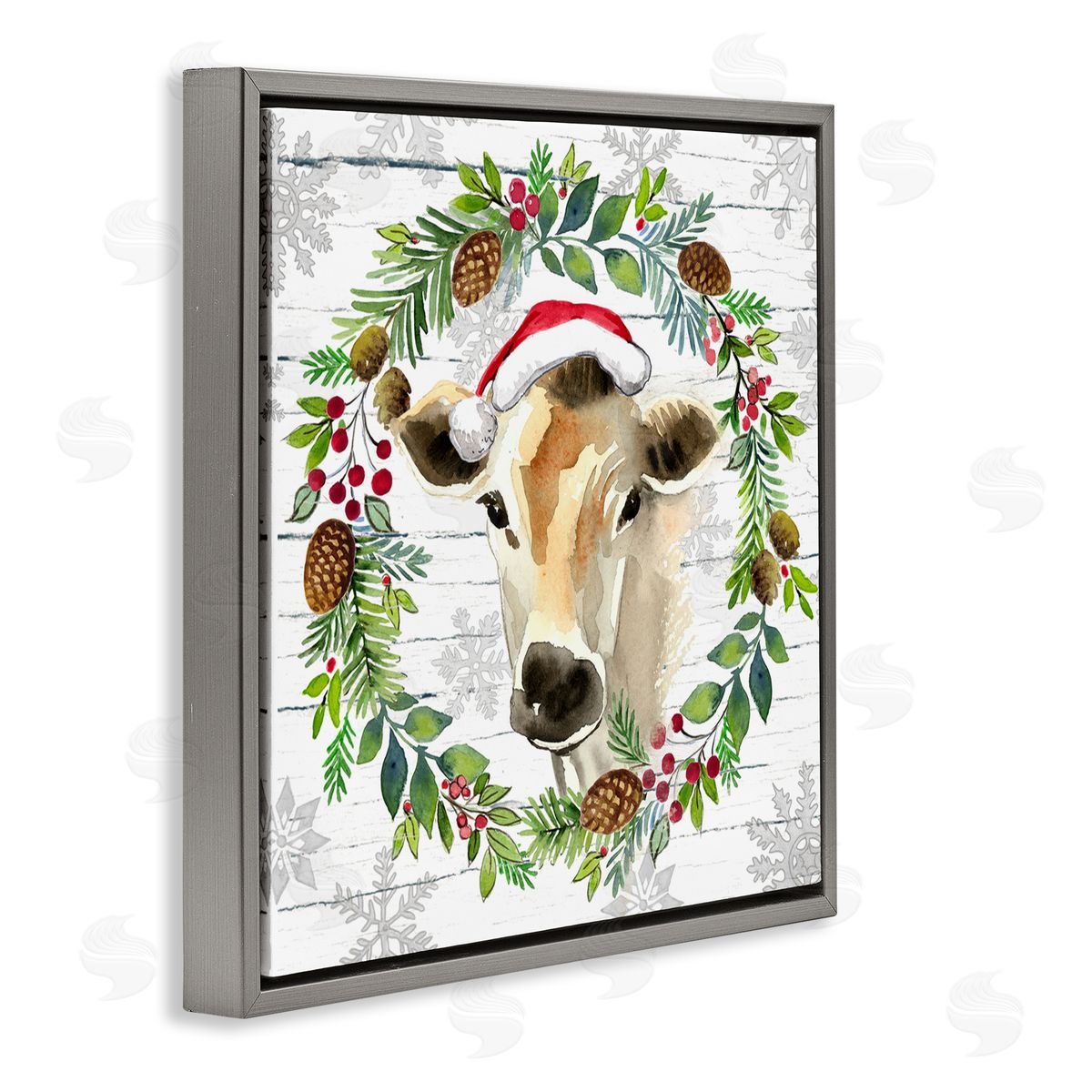 Elena Vladykina Winter Farmhouse Cow Wreath Gray Floating Frame Canvas Wall Art Print