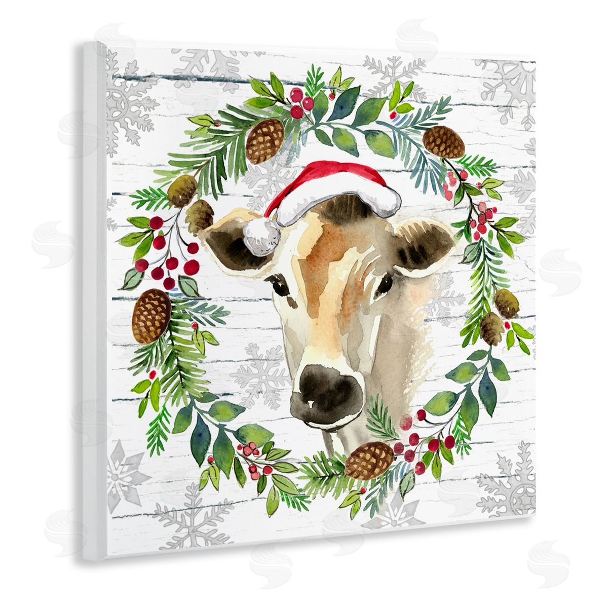 Elena Vladykina Winter Farmhouse Cow Wreath Wooden Wall Plaque Art Print