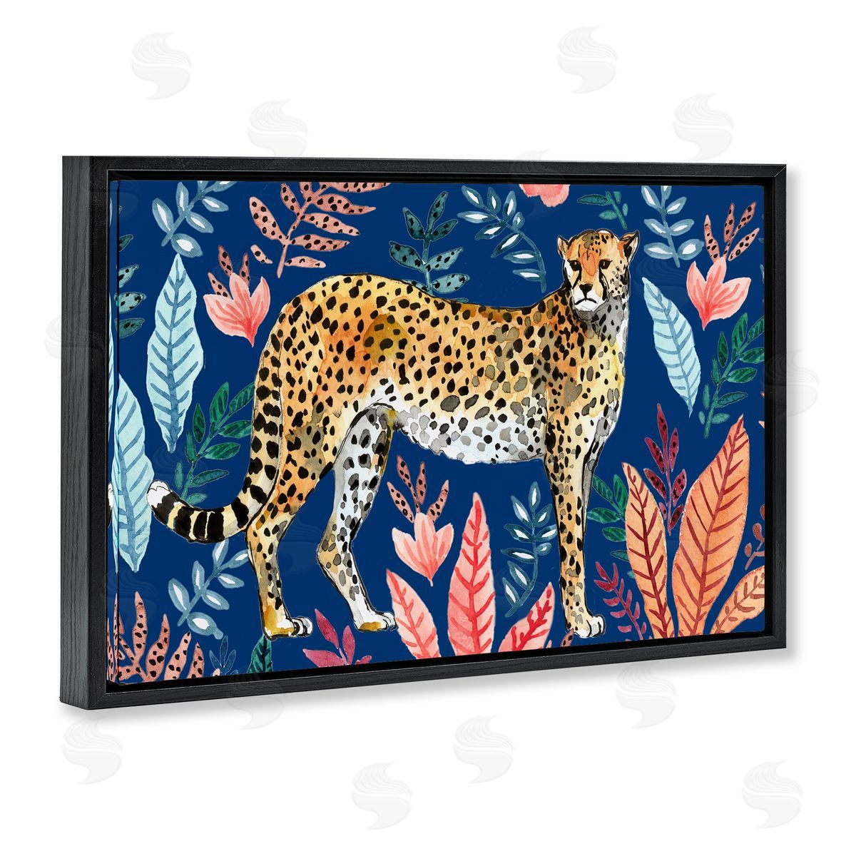 Elena Vladykina Jungle Plants & Cheetah Black Floating Frame Canvas Wall Art Print