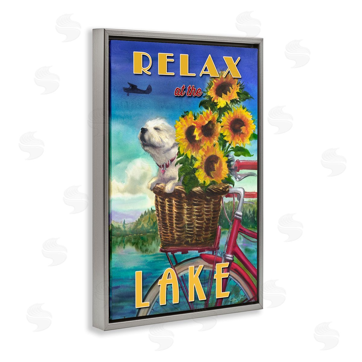 Geoff Allen Dog in Bicycle Basket Gray Floating Frame Canvas Wall Art Print