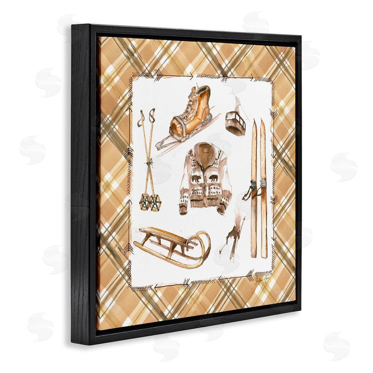 Geoff Allen Winter Sports on Tartan Black Floating Frame Canvas Wall Art Print