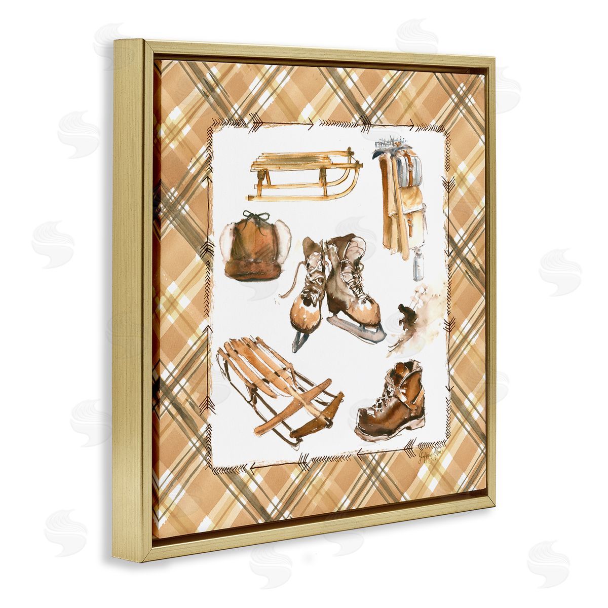Geoff Allen Plaid Winter Sports Gold Floating Frame Canvas Wall Art Print