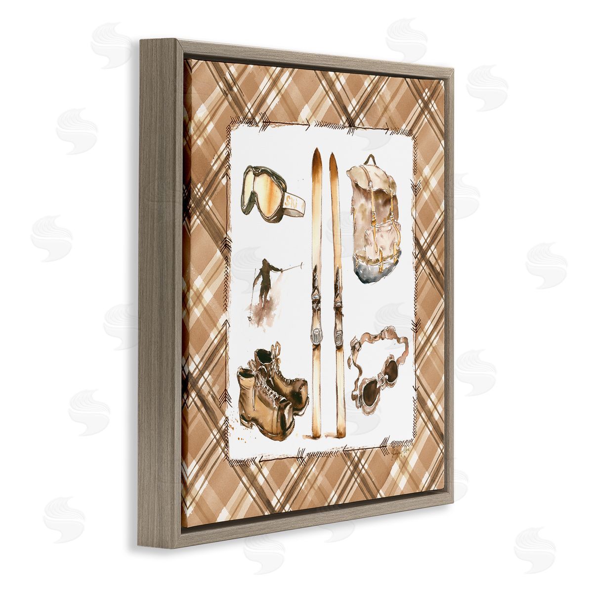 Geoff Allen Winter Sports on Plaid Brown Floating Frame Canvas Wall Art Print