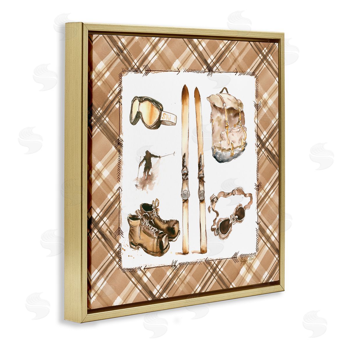 Geoff Allen Winter Sports on Plaid Gold Floating Frame Canvas Wall Art Print