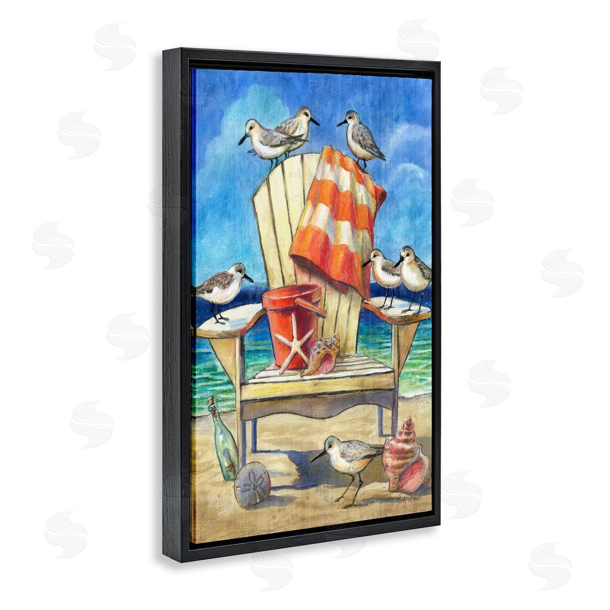Geoff Allen Summer Beach Chair Seagulls Black Floating Frame Canvas Wall Art Print