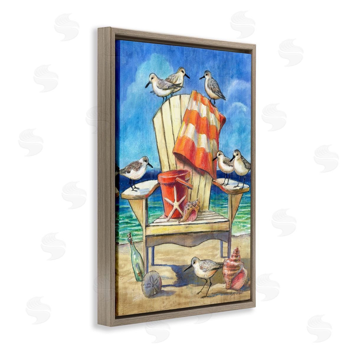 Geoff Allen Summer Beach Chair Seagulls Brown Floating Frame Canvas Wall Art Print
