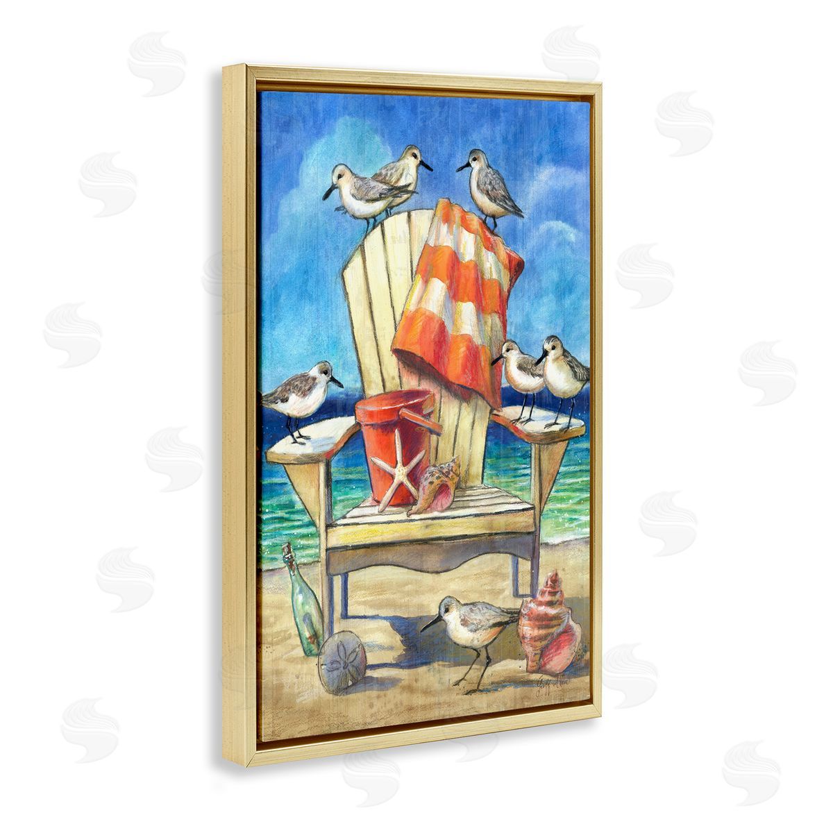 Geoff Allen Summer Beach Chair Seagulls Gold Floating Frame Canvas Wall Art Print