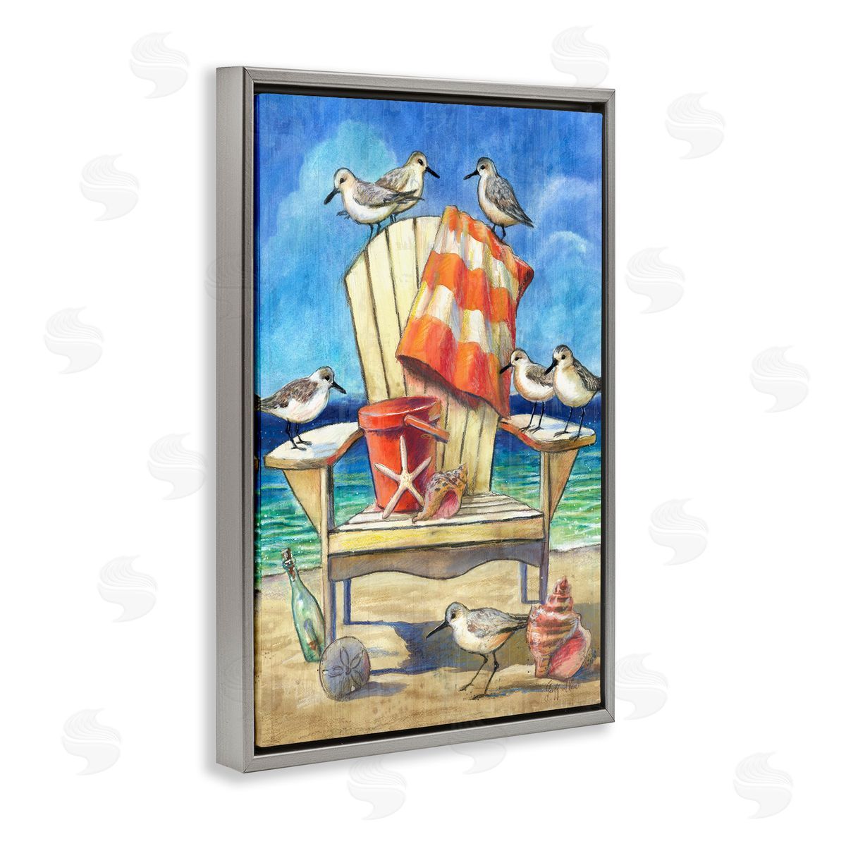 Geoff Allen Summer Beach Chair Seagulls Gray Floating Frame Canvas Wall Art Print