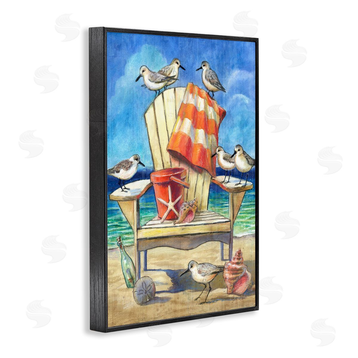 Geoff Allen Summer Beach Chair Seagulls Black Framed Giclee Wall Art Print