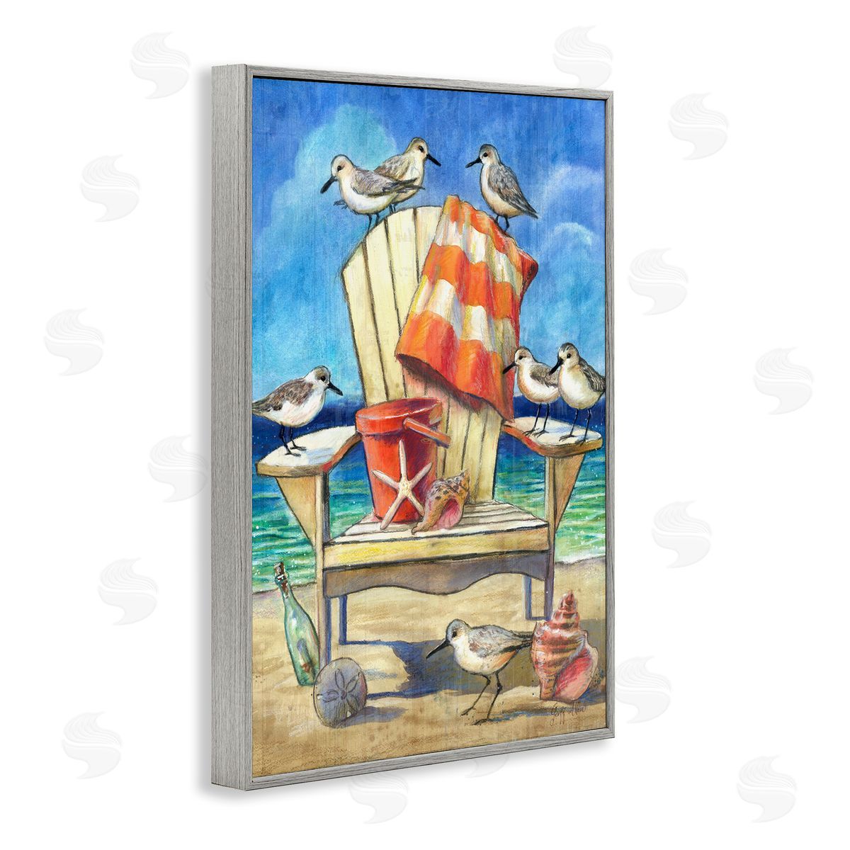 Geoff Allen Summer Beach Chair Seagulls Gray Framed Giclee Wall Art Print