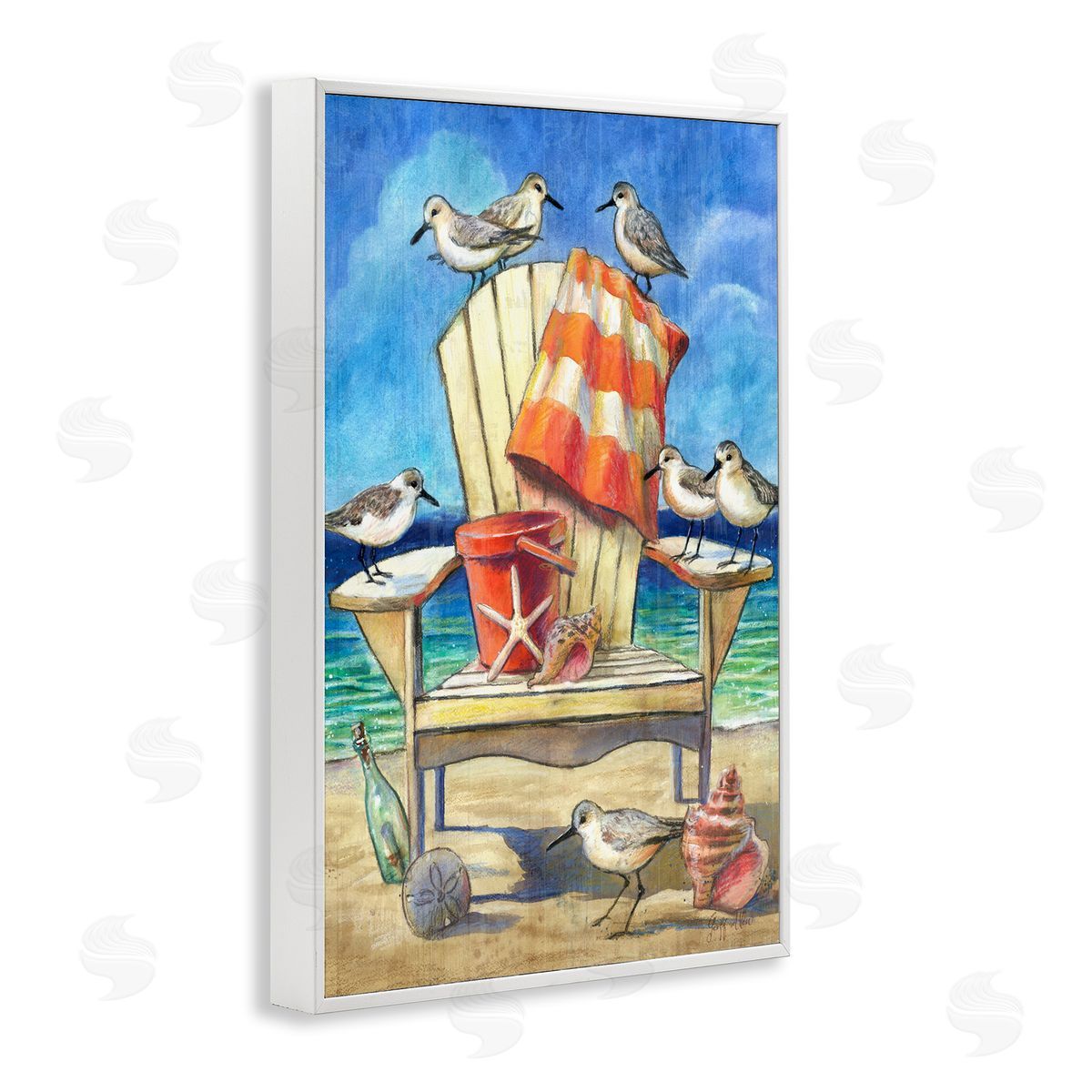Geoff Allen Summer Beach Chair Seagulls White Framed Giclee Wall Art Print