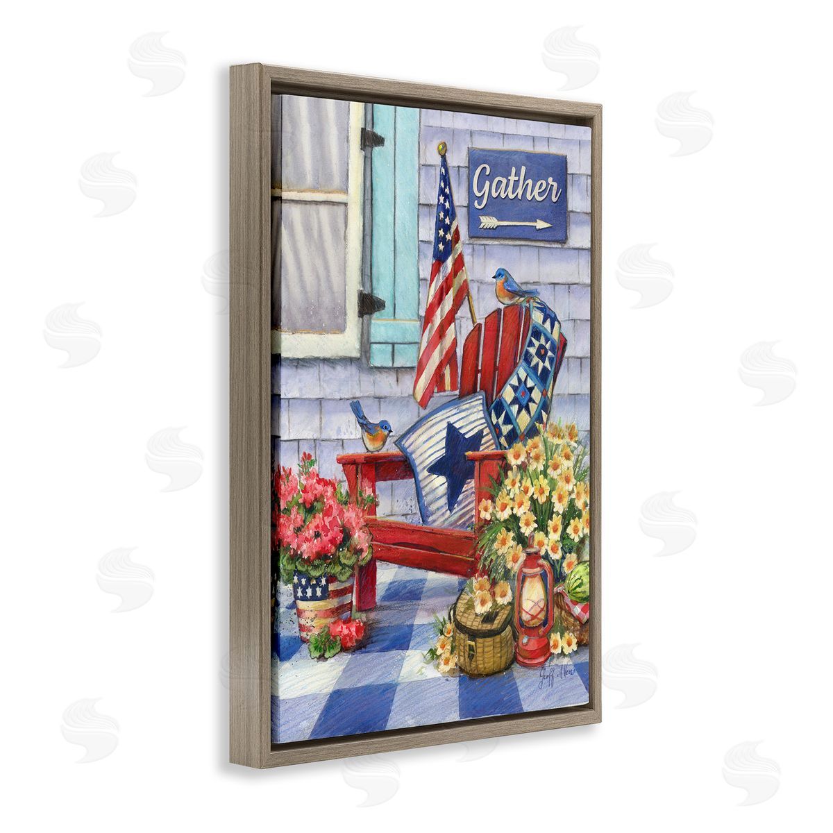 Geoff Allen Patriotic Porch View Brown Floating Frame Canvas Wall Art Print