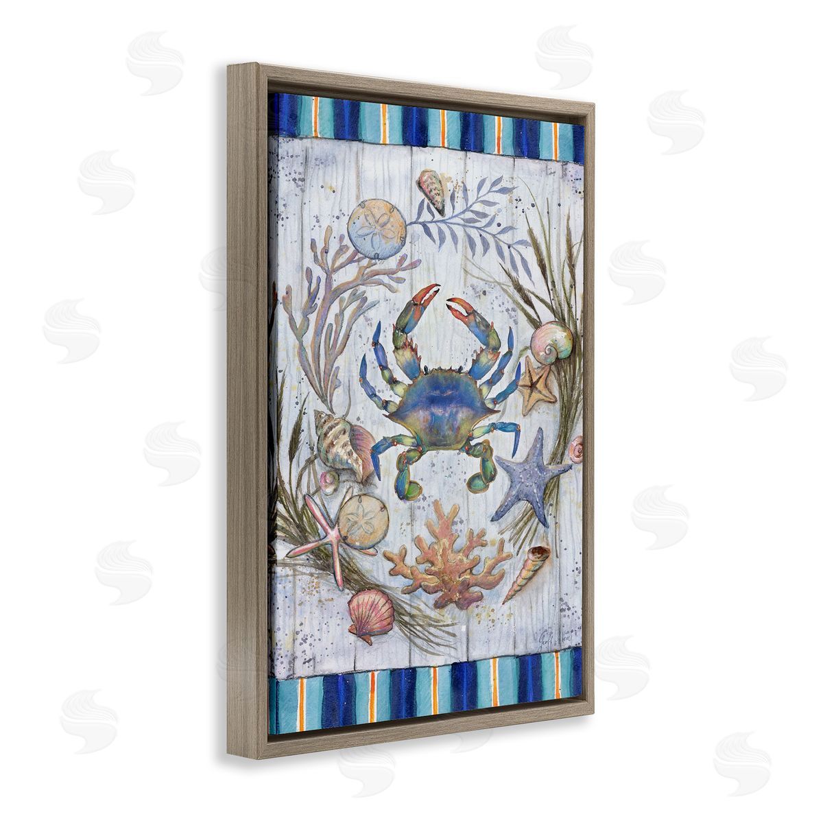 Geoff Allen Coastal Wreath & Crab Brown Floating Frame Canvas Wall Art Print