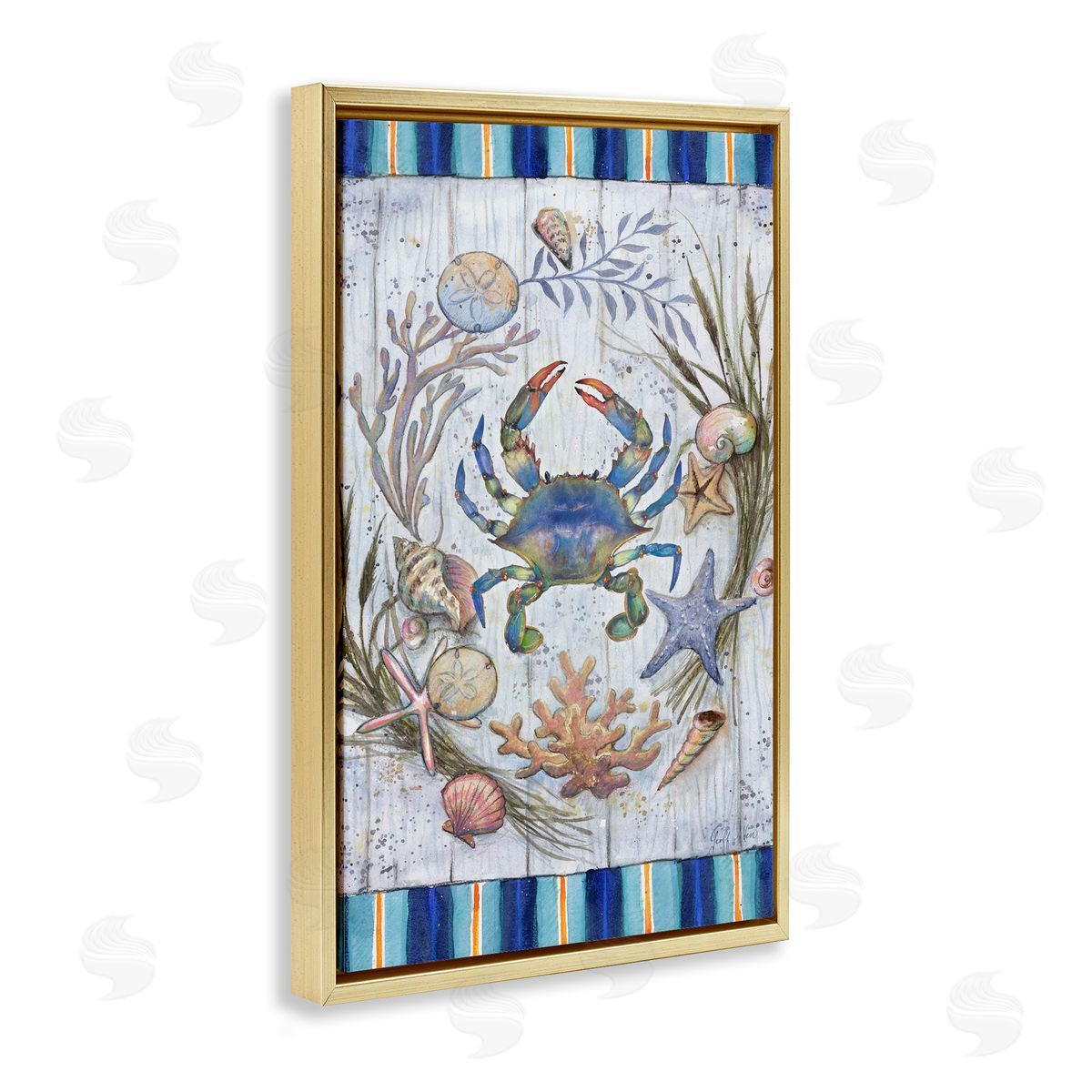 Geoff Allen Coastal Wreath & Crab Gold Floating Frame Canvas Wall Art Print