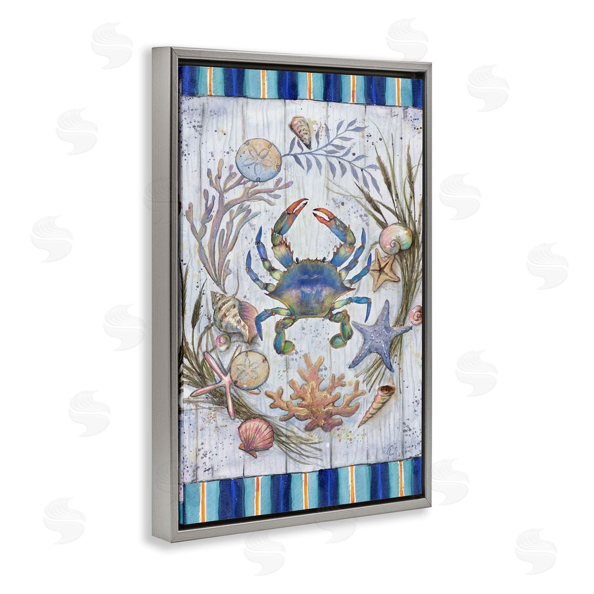 Geoff Allen Coastal Wreath & Crab Gray Floating Frame Canvas Wall Art Print