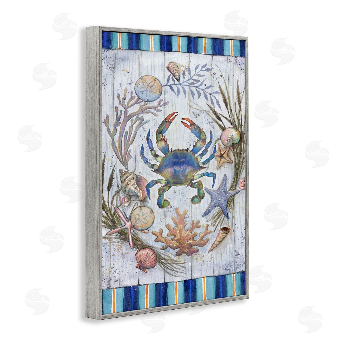 Geoff Allen Coastal Wreath & Crab Gray Framed Giclee Wall Art Print