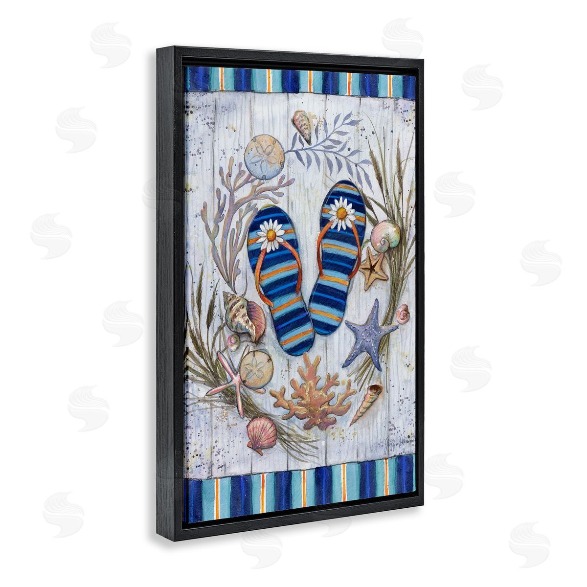 Geoff Allen Coastal Wreath & Flip Flops Black Floating Frame Canvas Wall Art Print