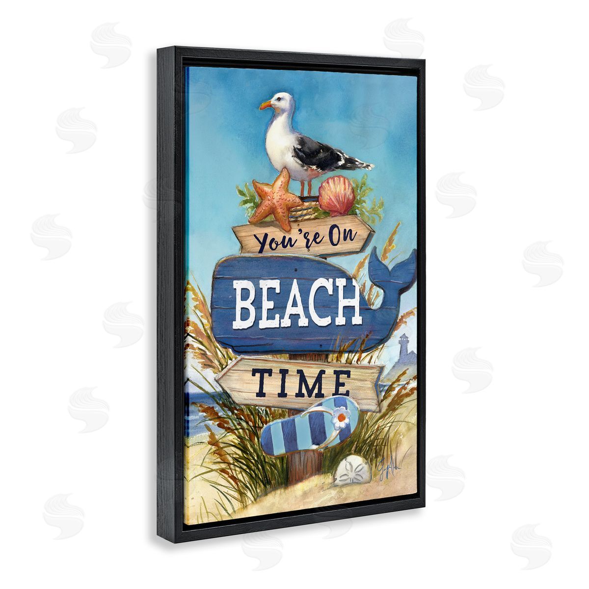 Geoff Allen On Beach Time Sign Black Floating Frame Canvas Wall Art Print