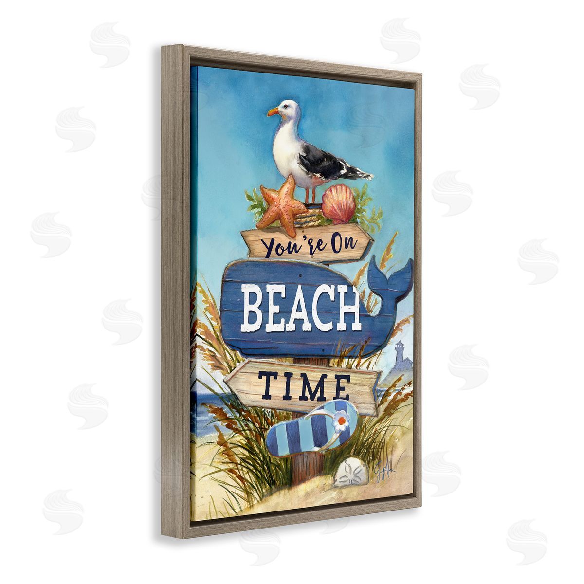 Geoff Allen On Beach Time Sign Brown Floating Frame Canvas Wall Art Print