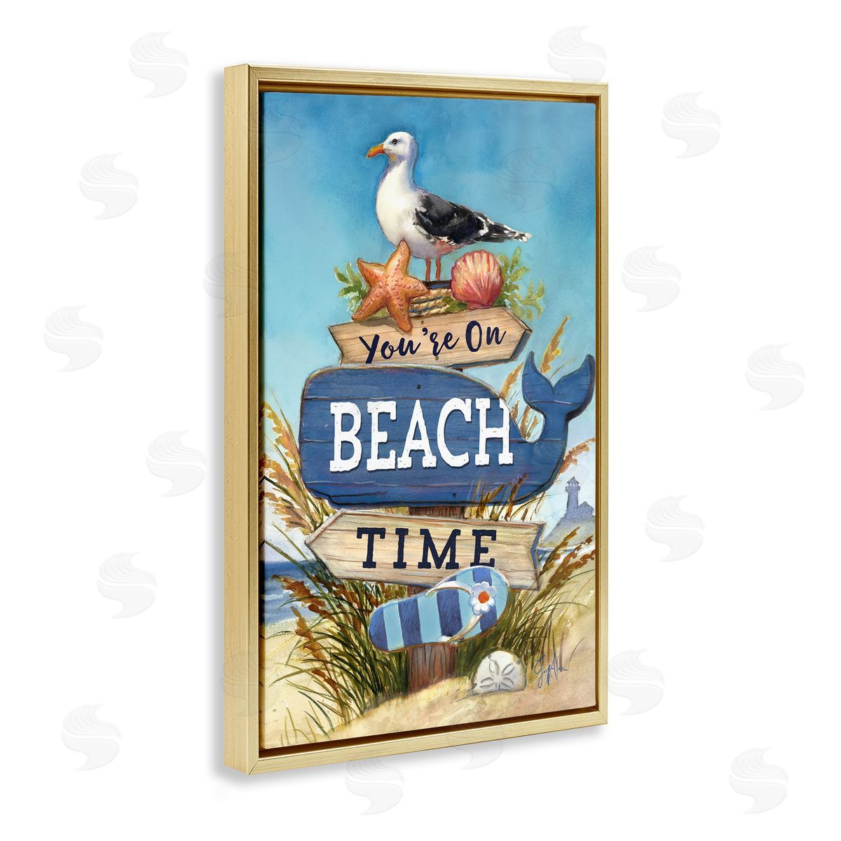 Geoff Allen On Beach Time Sign Gold Floating Frame Canvas Wall Art Print