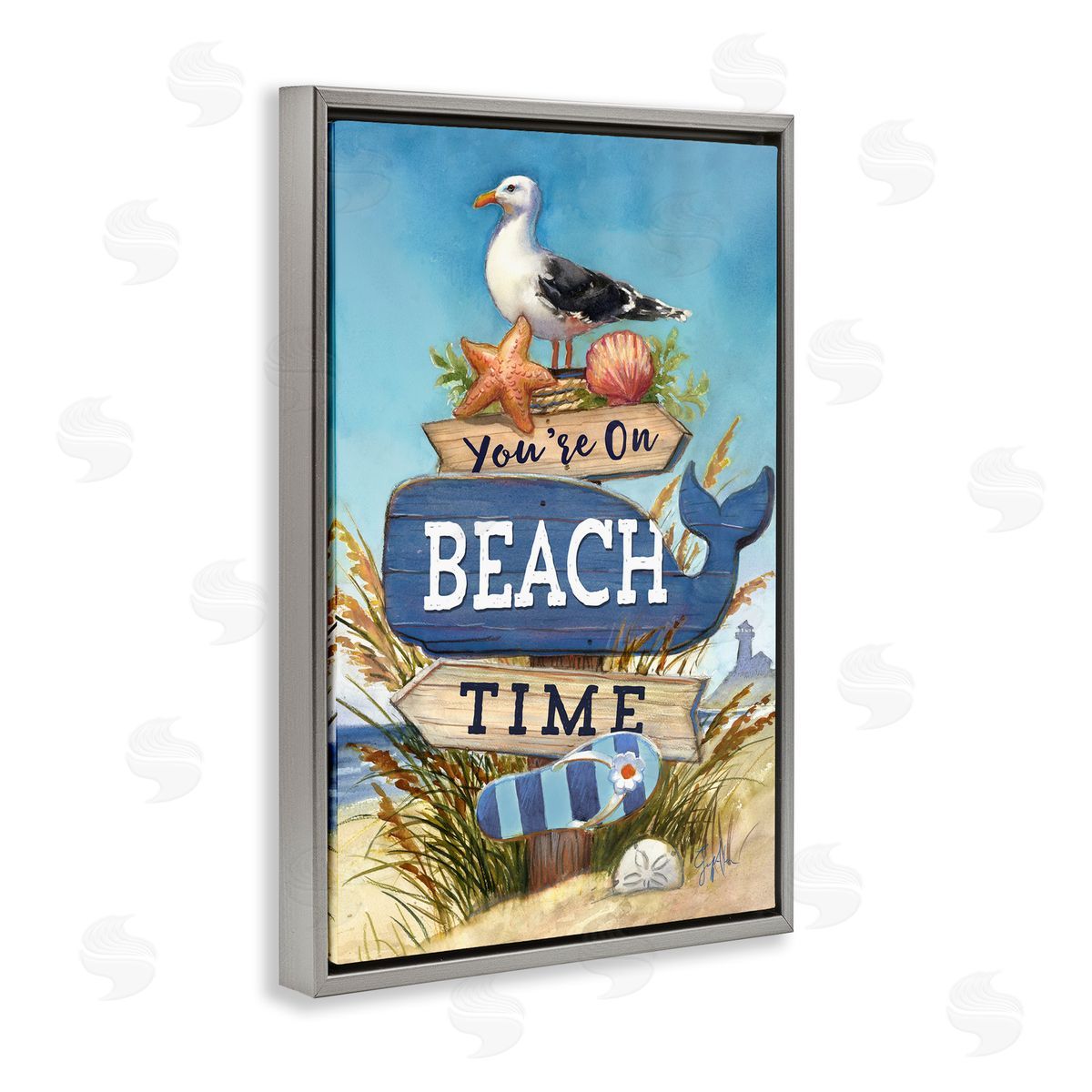 Geoff Allen On Beach Time Sign Gray Floating Frame Canvas Wall Art Print