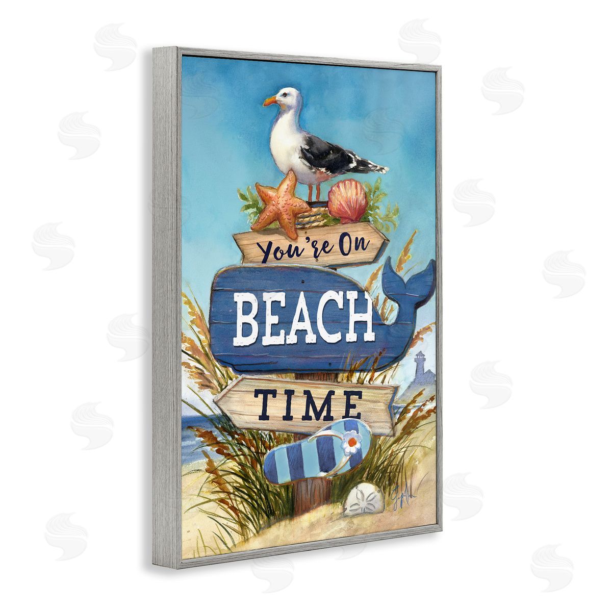 Geoff Allen On Beach Time Sign Gray Framed Giclee Wall Art Print