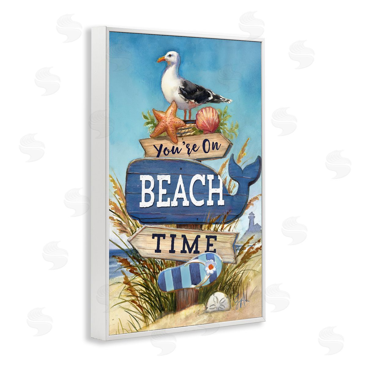 Geoff Allen On Beach Time Sign White Framed Giclee Wall Art Print