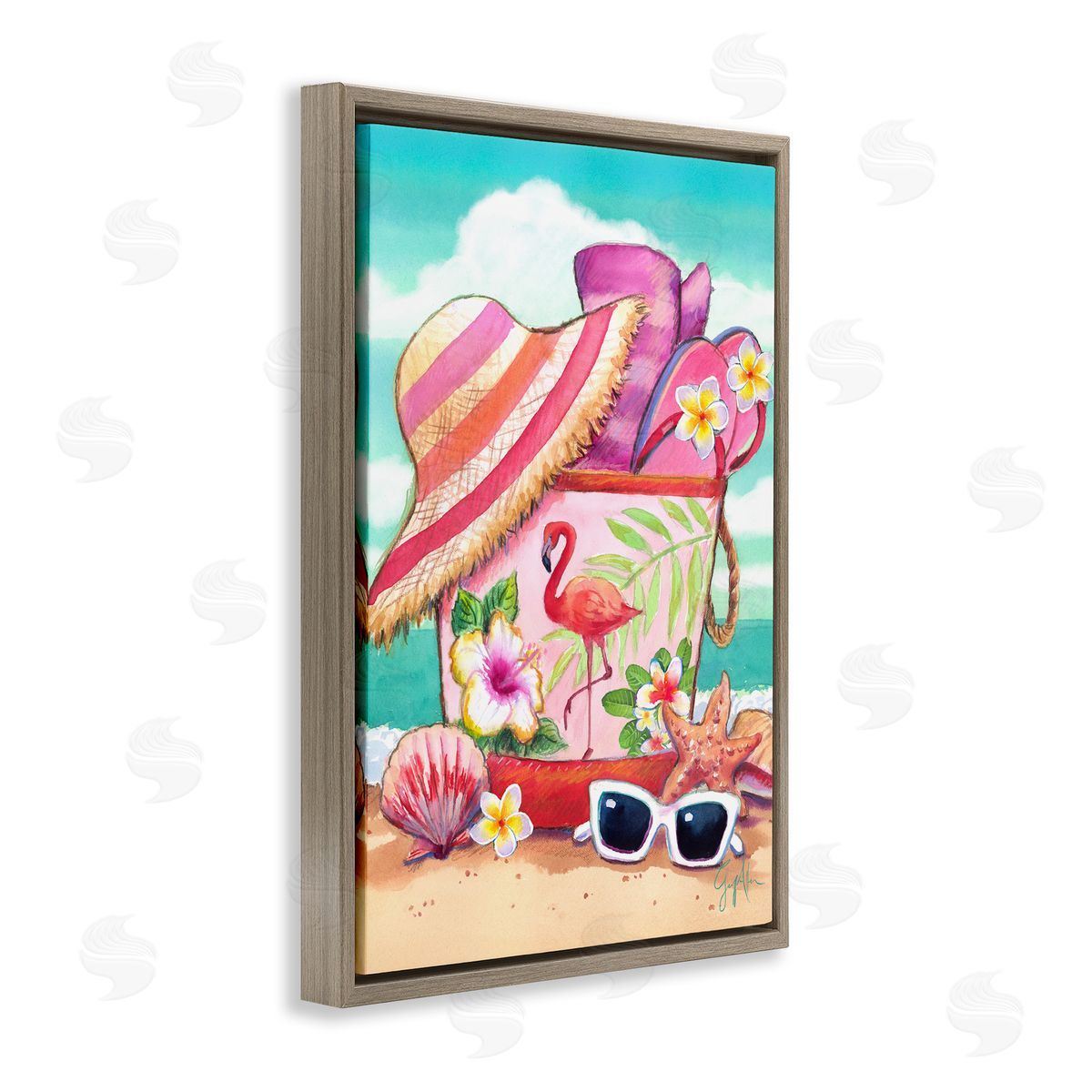 Geoff Allen Floral Beach Bag Brown Floating Frame Canvas Wall Art Print