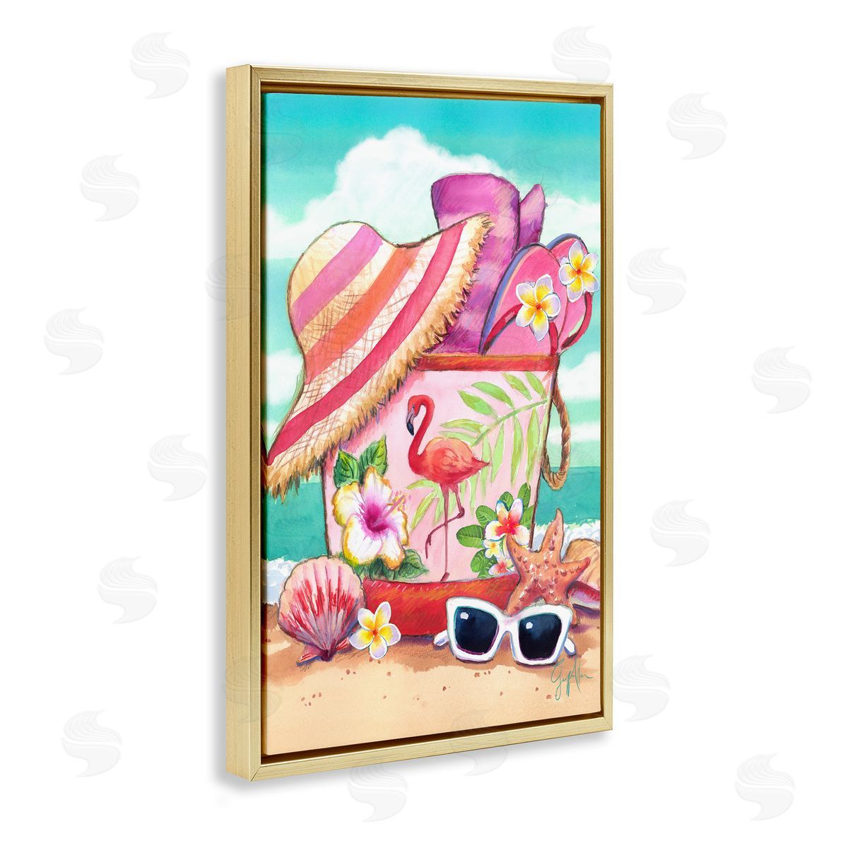 Geoff Allen Floral Beach Bag Gold Floating Frame Canvas Wall Art Print