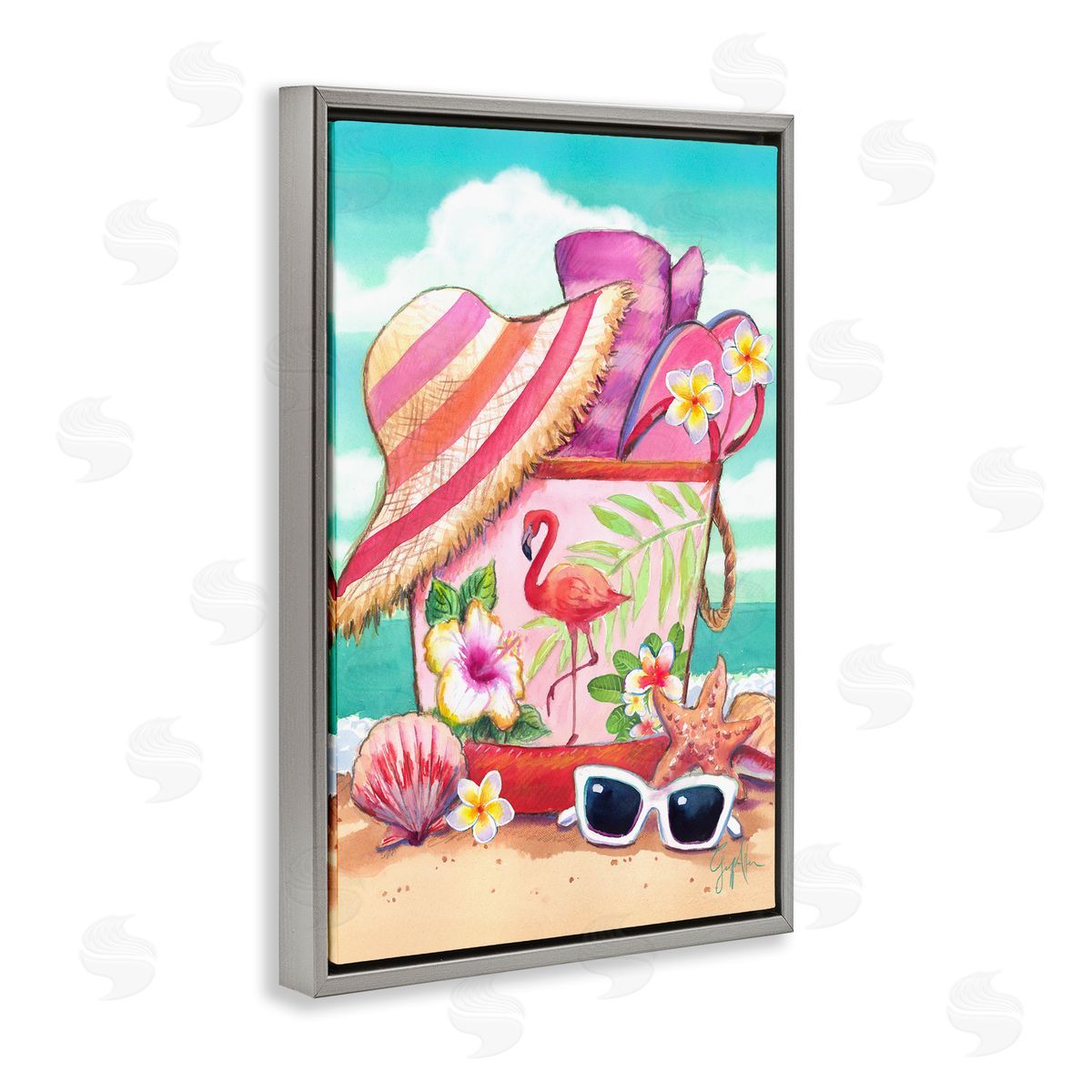 Geoff Allen Floral Beach Bag Gray Floating Frame Canvas Wall Art Print