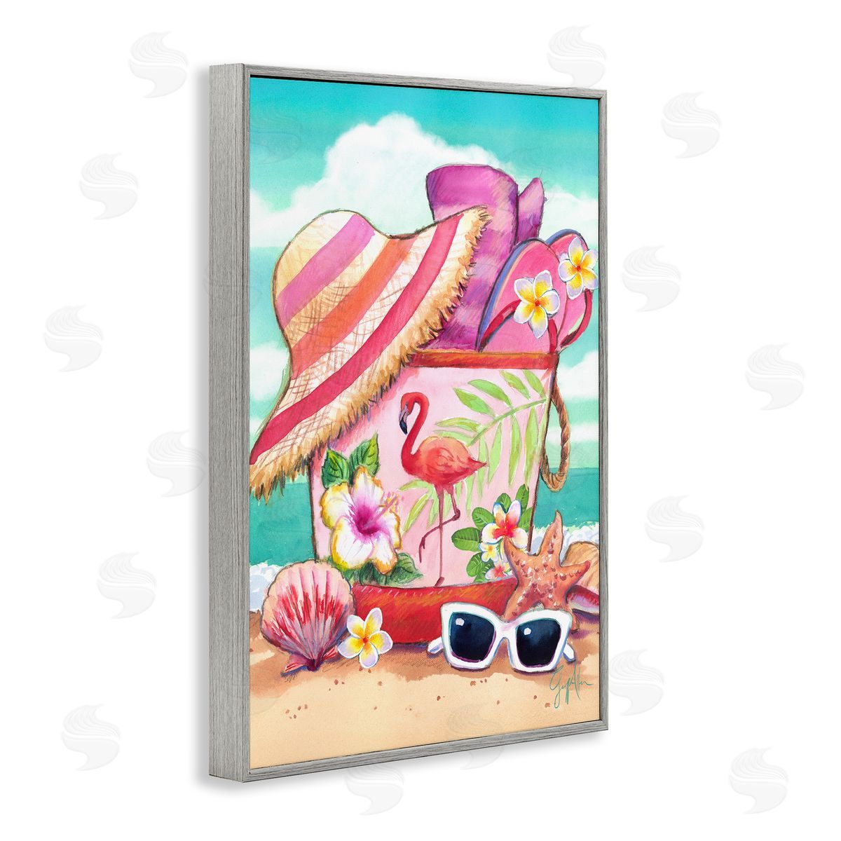 Geoff Allen Floral Beach Bag Gray Framed Giclee Wall Art Print