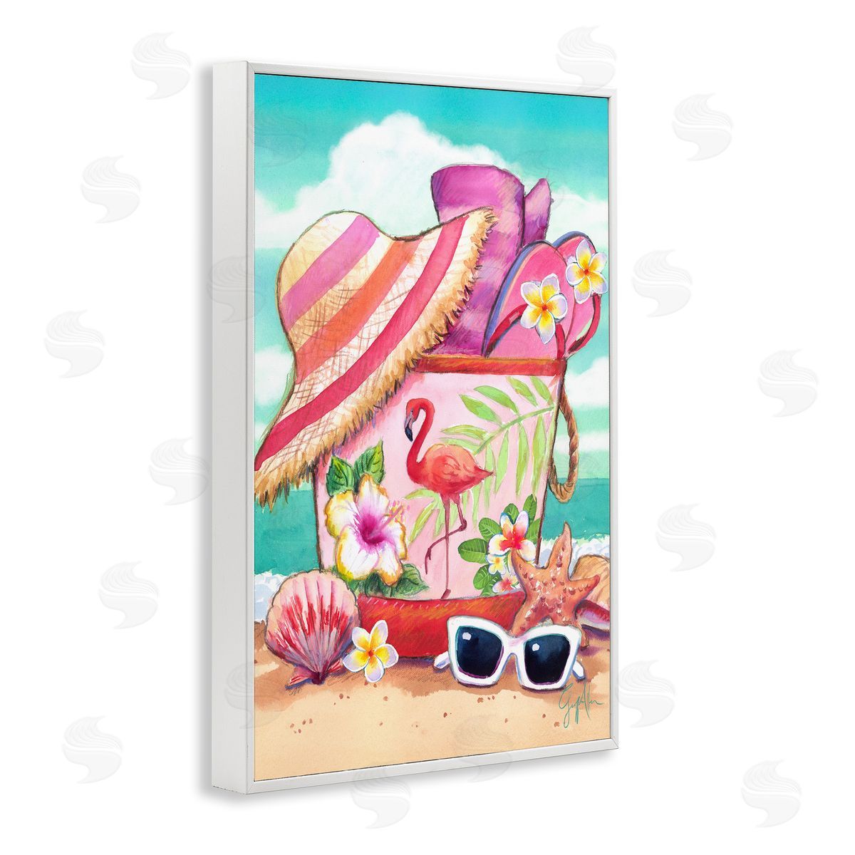 Geoff Allen Floral Beach Bag White Framed Giclee Wall Art Print