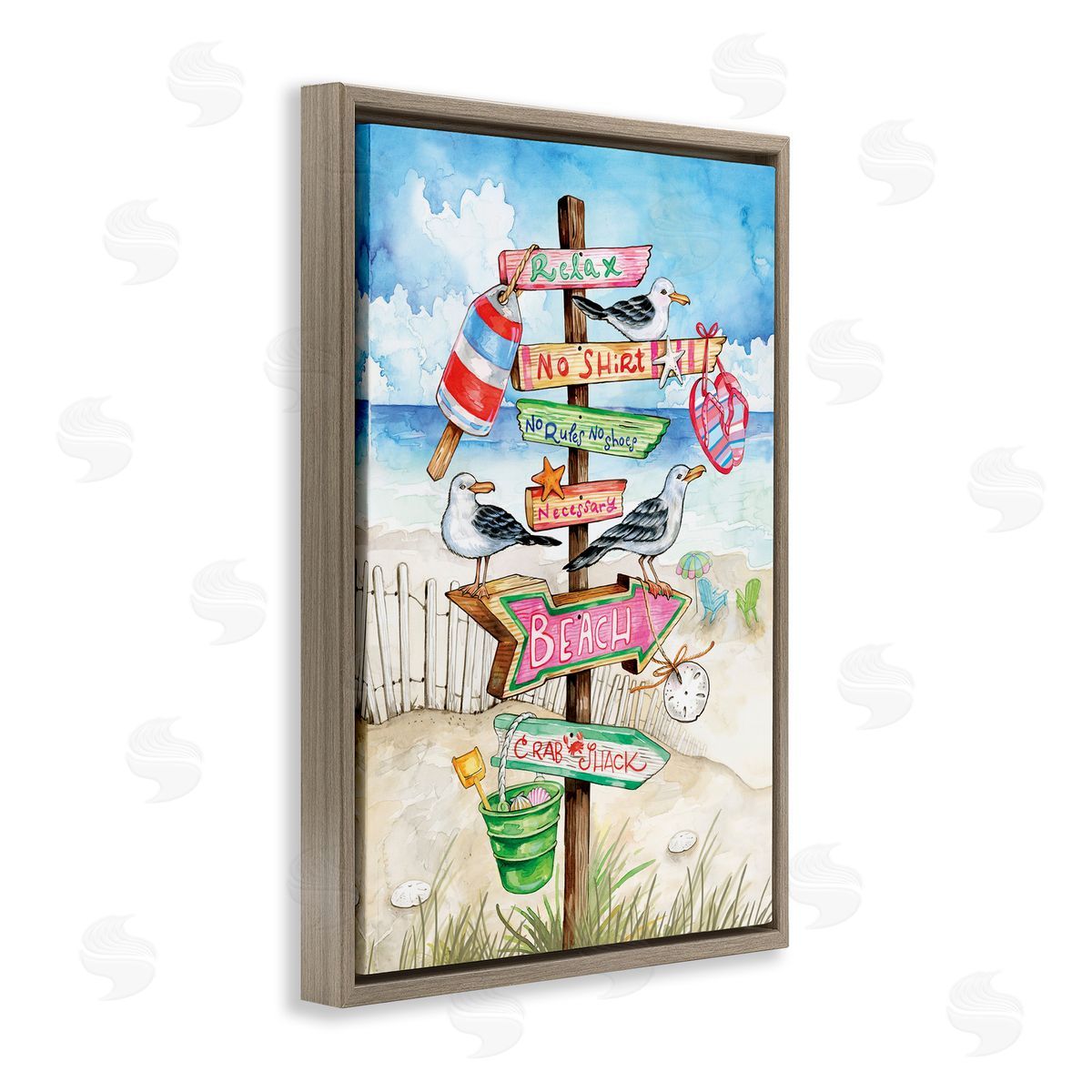 Ronnie Rooney Seaside Rules Signs Brown Floating Frame Canvas Wall Art Print